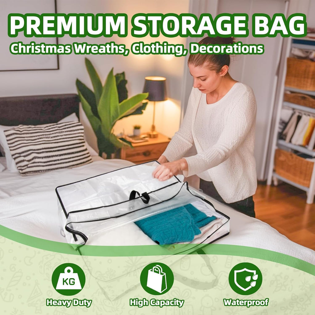 RAINFLOW Wreath Storage Container - 2 PCS Clear Moving Bags Heavy Duty for Christmas Wreaths Garland Clothes Gift Pillow Toy Plastic Storage Bag with Zipper Moving Supplies College Dorm(24 inch)
