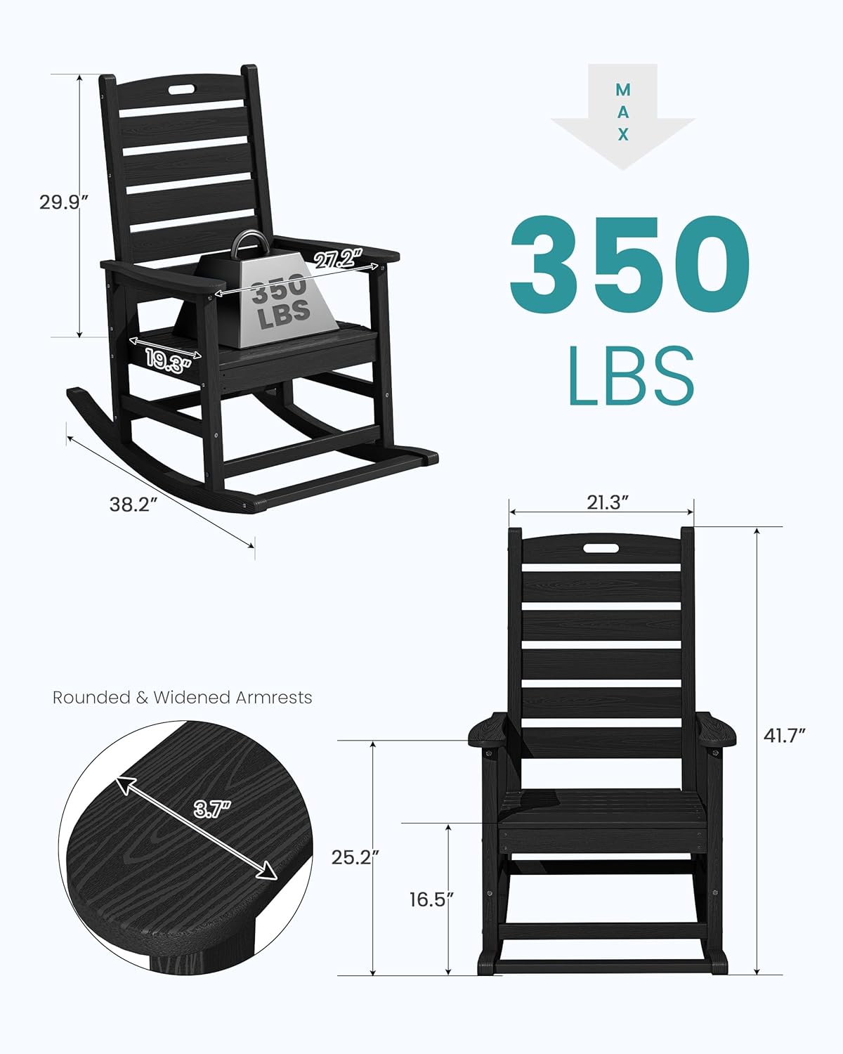 SERWALL Outdoor Rocking Chair Set of 2, Oversized Rocking Chair with Footboard for Adults, HDPE All Weather Resistant Rocking Chairs for Patio, 350lbs Weight Capacity, Black