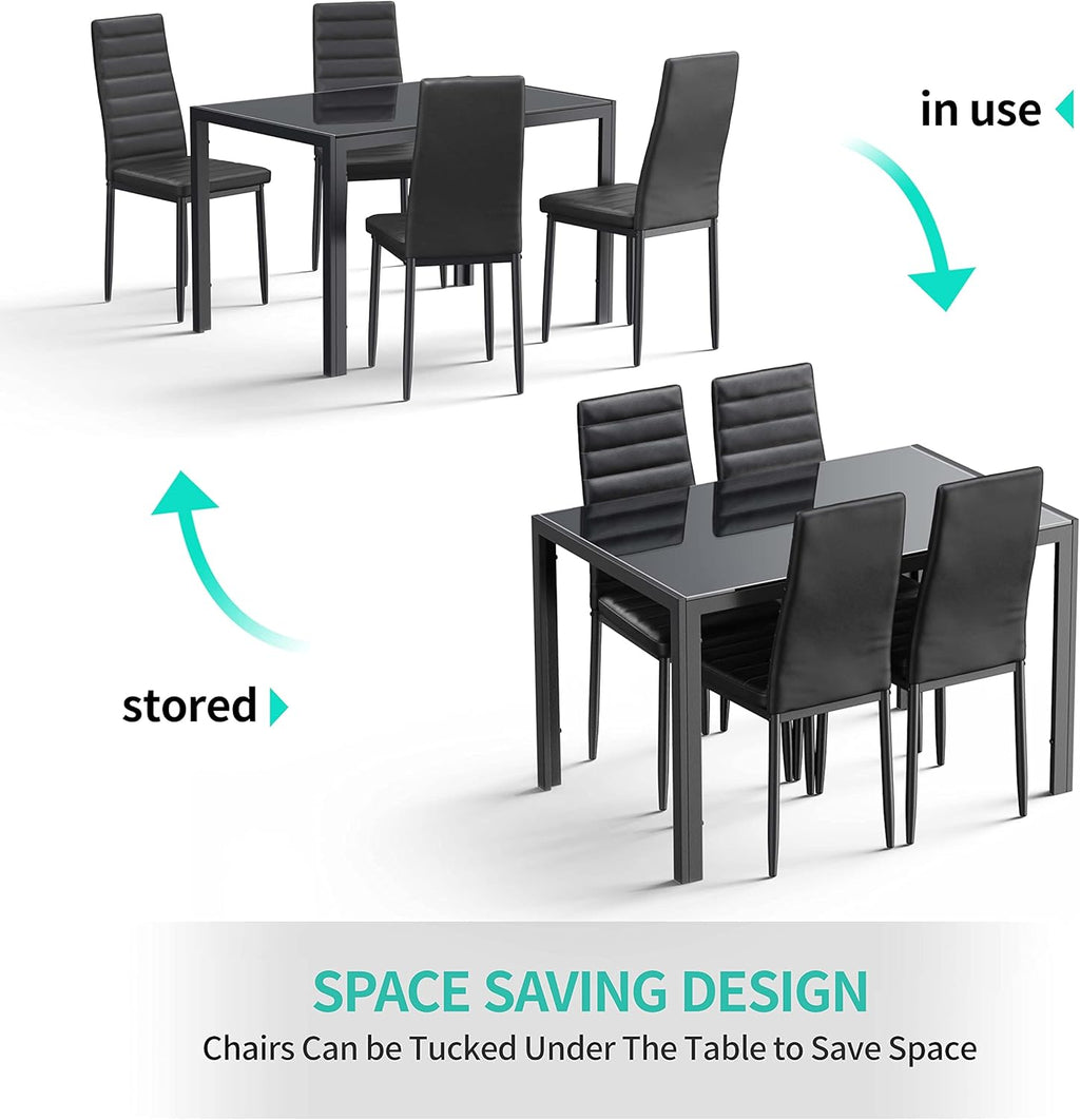 Gizoon 5 Piece Glass Dining Table Set, Kitchen and Chairs for 4, PU Leather Modern Room Sets for Home, Kitchen, Living Room