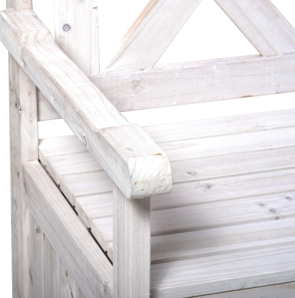 Patio Wooden Bench with Storage Box, 29 Gallon Outdoor Storage Bench, Large Entryway Deck Box w, Unique X Shape Back, for Deck, Porch Balcony, White