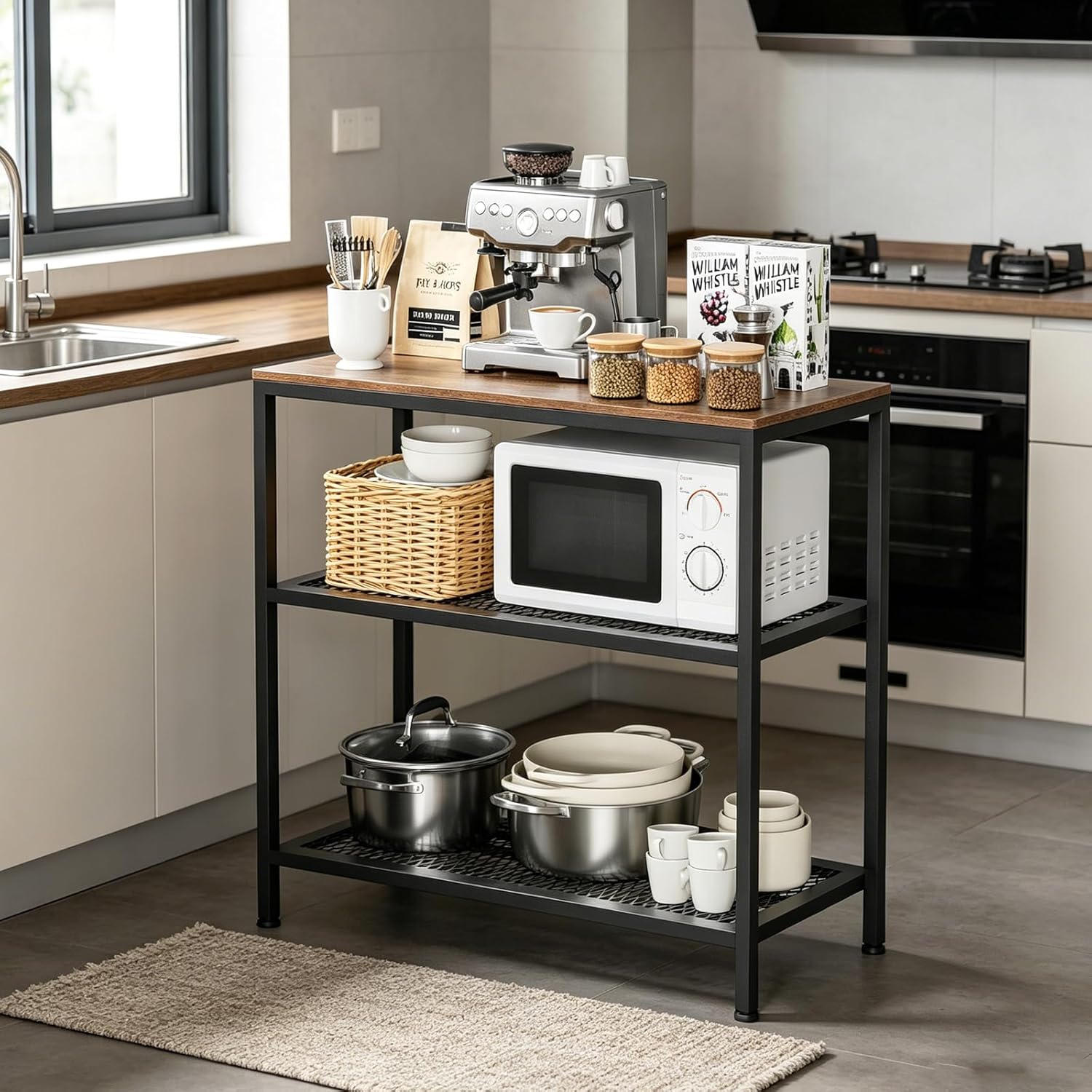 Kitchen Island with 3 Tier Storage, Height-Adjustable Kitchen Shelf, Microwave Stand for Dining, Sturdy Metal Frame, 30.7" L x 13.77" D x 31.51" H,Rustic Brown and Black