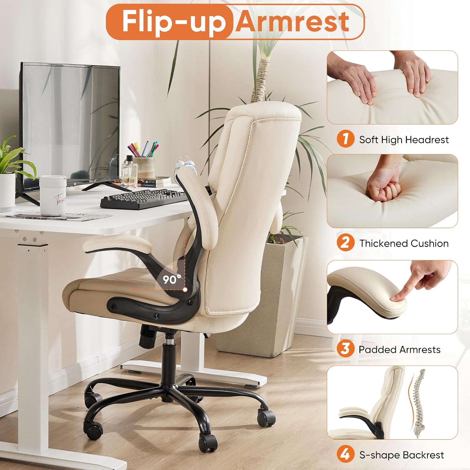 Sweetcrispy Ergonomic Office Chair - Heavy Duty Task Desk Chair with Flip-up Armrest, PU Leather, Height Adjustable & Swivel Rolling Chair with Wheels, Beige