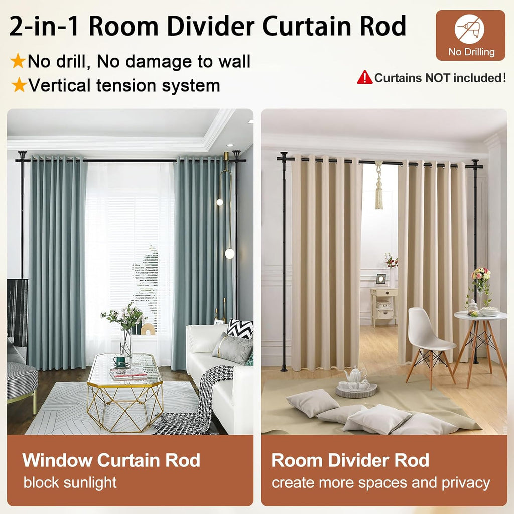 Room Divider, No Drilling Curtain Rod Wall Divider for Space Partition, Adjustable 4-10ft(H) 28-70inch(W) Heavy Duty Floor to Ceiling Tension Rod Dividers Temporary Privacy Separator Window Rods Black