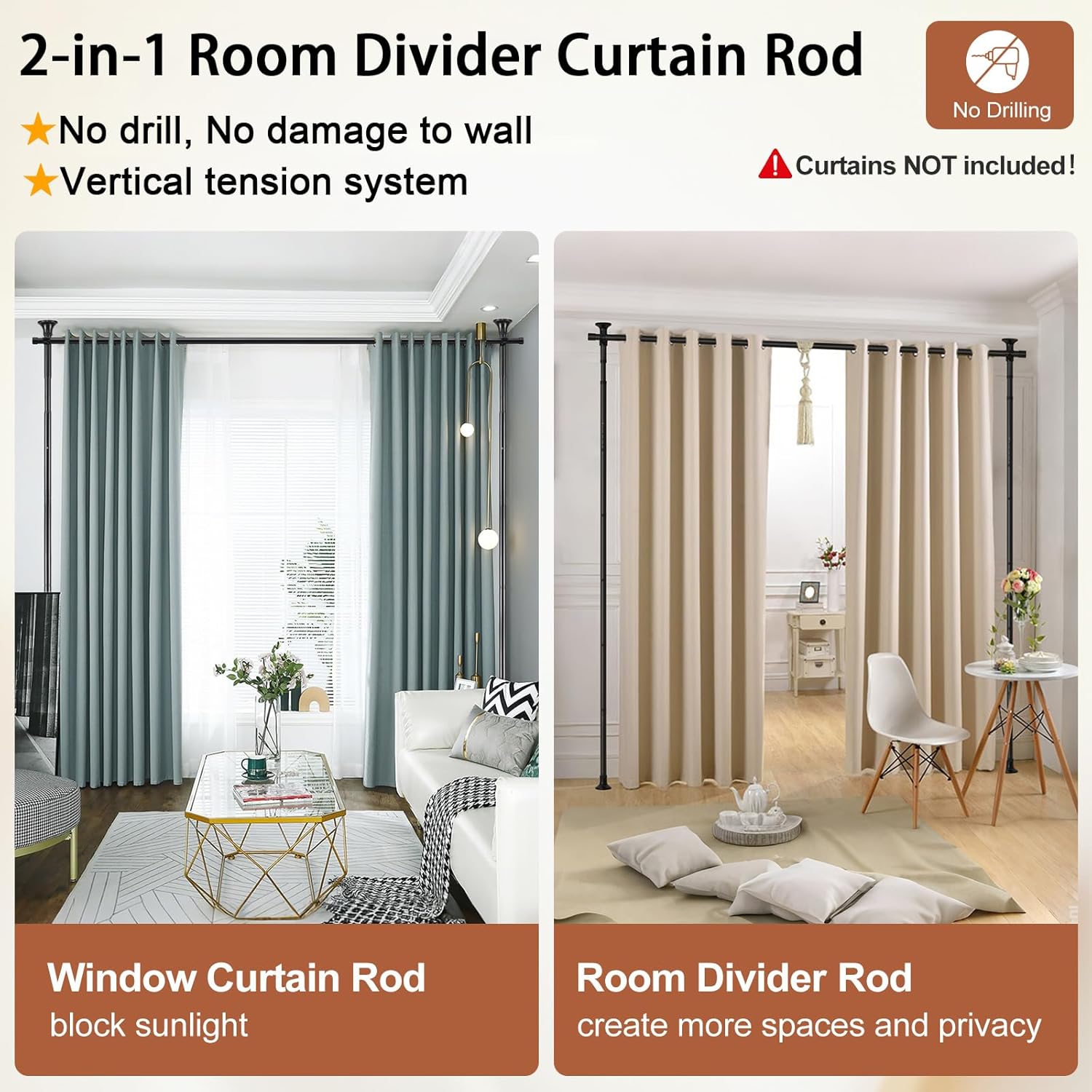 Room Divider, No Drilling Curtain Rod Wall Divider for Space Partition, Adjustable 4-10ft(H) 28-70inch(W) Heavy Duty Floor to Ceiling Tension Rod Dividers Temporary Privacy Separator Window Rods Black