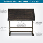 Studio Designs Vintage Drawing/Drafting Table with Pencil Ledge - 42" W x 30" D - Distressed Black - Adjustable Tilting Top