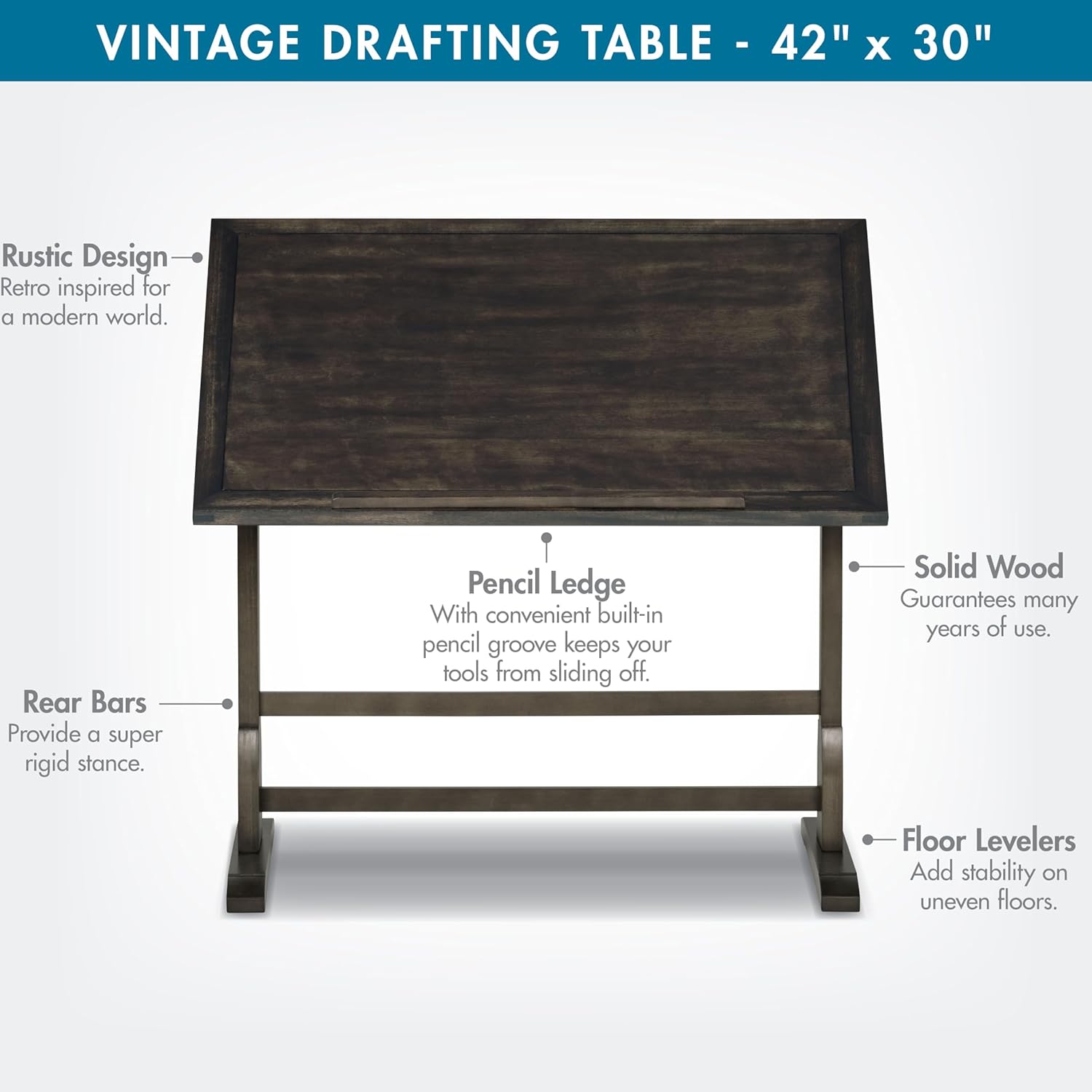 Studio Designs Vintage Drawing/Drafting Table with Pencil Ledge - 42" W x 30" D - Distressed Black - Adjustable Tilting Top