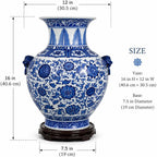 16“ Classic Blue and White Floral Porcelain Vase, Double Lion Head Ears Ceramic China Ming Style
