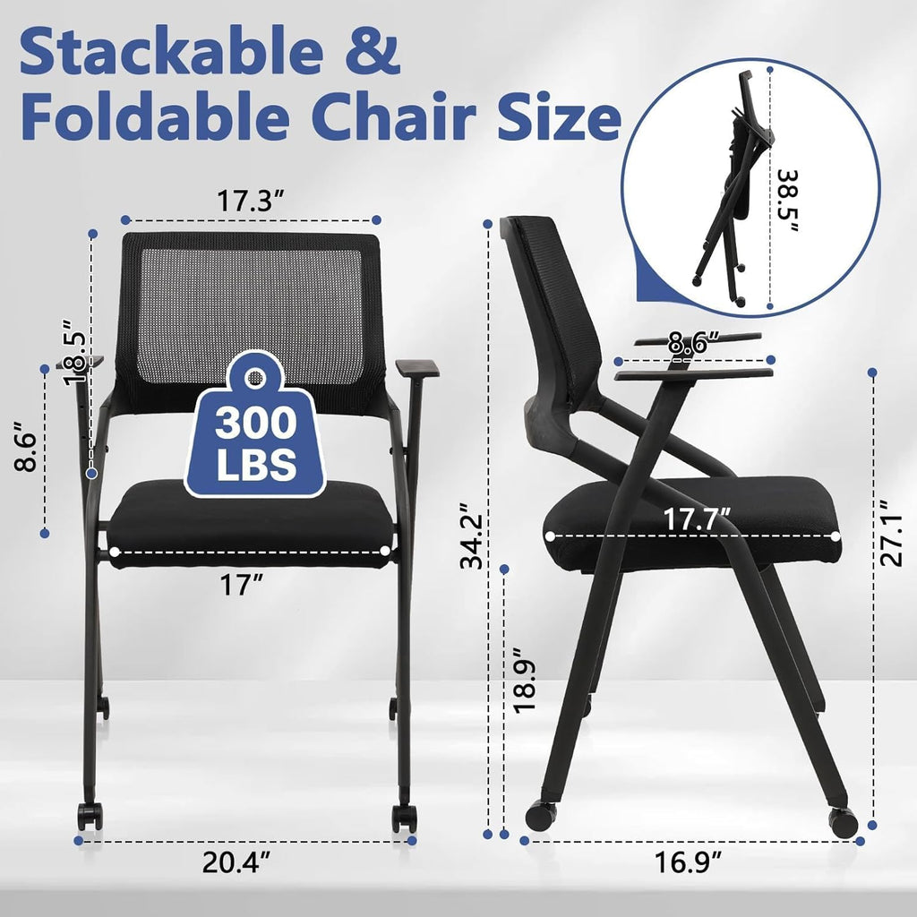 CLATINA Ergonomic Stackable & Foldable Conference Room Chairs, Mesh Office Chair with Arms and Wheels for Office Waiting Room Meeting Lobby Church School Receptions and Training Black (10 pk)