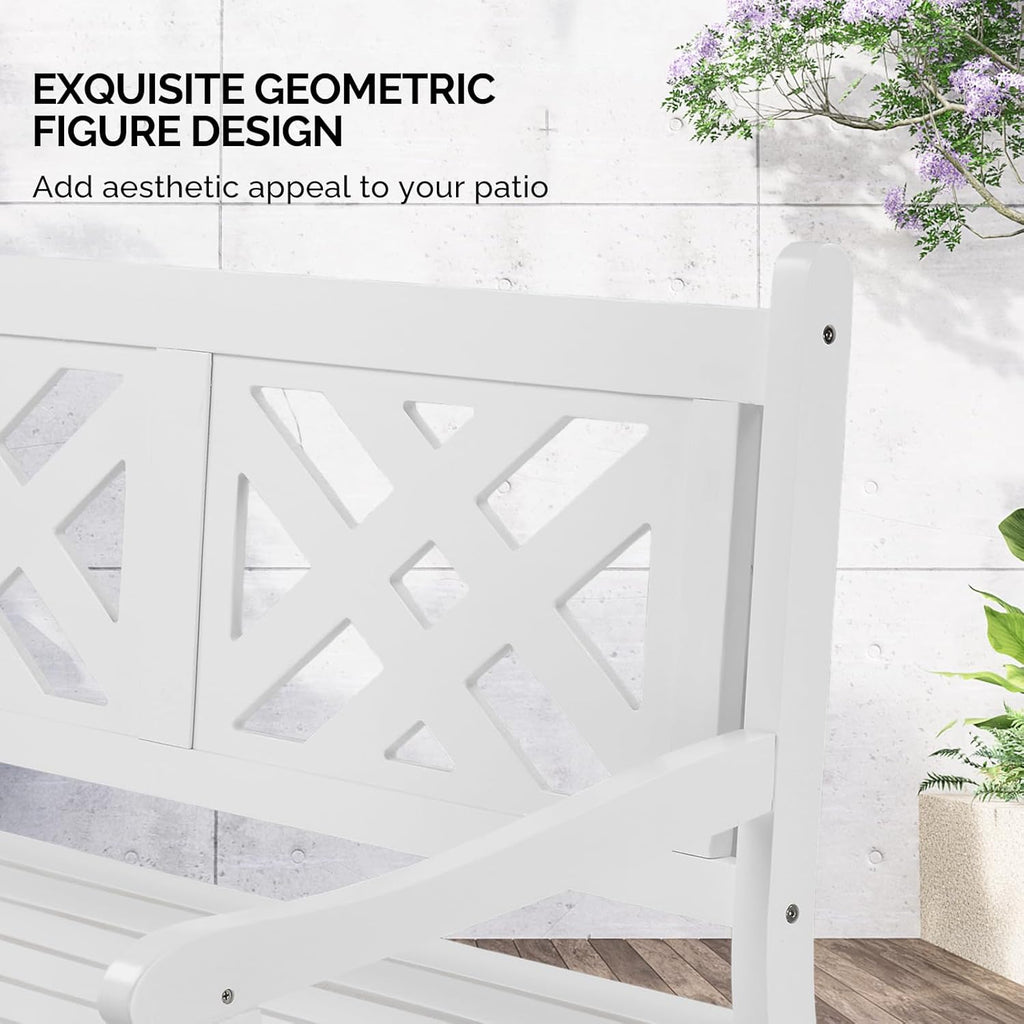 VINGLI 50" Outdoor Wood Bench, Weatehr Resistant Wooden Garden Patio Bench with Comfortable Backrest & Curved Armrest, 800lb Capacity Loveseat for Front Porch Park Yard Deck (White, Geometric)