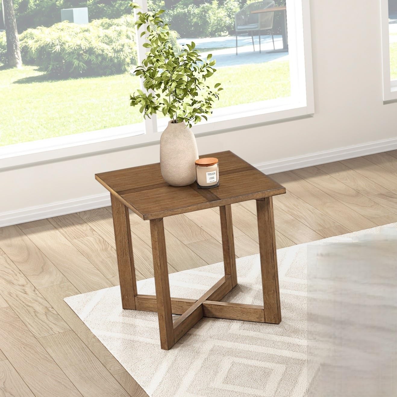 Penau Square End Table, Contemporary Wooden Side Table with Mixed Maple and Walnut Veneer Top, Cross-Patterned Tabletop, Sturdy Engineered Wood Frame, 24 x 24 x 24 Inchs, Brown Finish