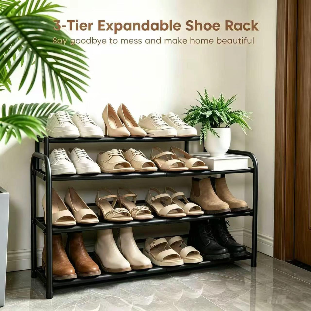 3-Tier Expandable Shoe Rack, 17"-41" Adjustable Shoe Shelf Storage Organizer, Heavy Duty Metal Free Standing Shoe Rack for Entryway Closet Doorway, Suitable for Families & Renters
