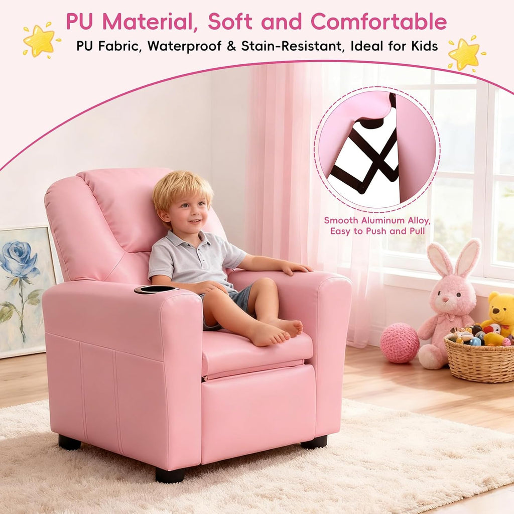 Toddler Recliner Chair for Kids Ages 1-4 – PU Leather Upholstered Kids Sofa with Cup Holder, Adjustable Backrest & Footrest, Comfortable Single Armchair for Boys & Girls Bedroom Living Room (Pink)