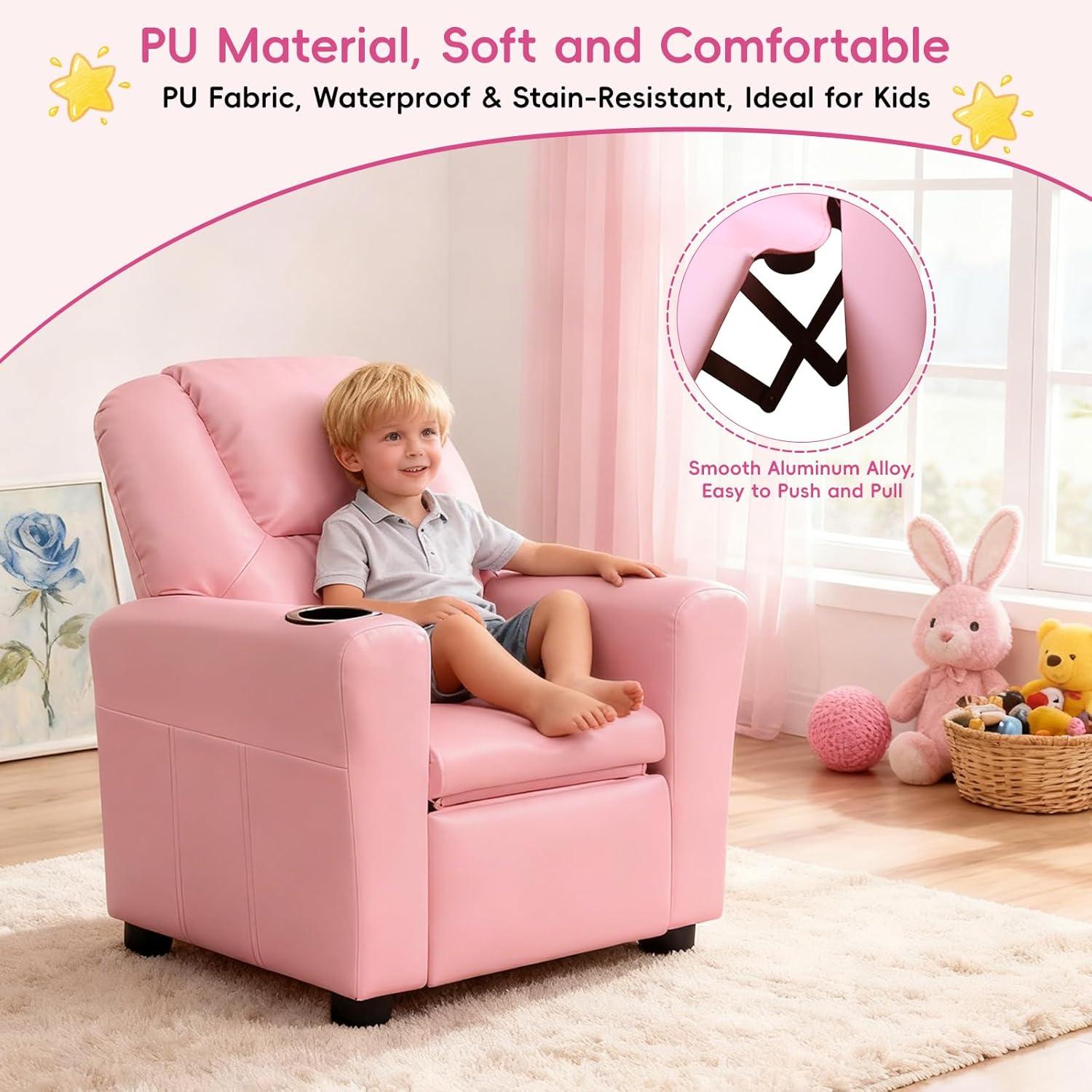 Toddler Recliner Chair for Kids Ages 1-4 – PU Leather Upholstered Kids Sofa with Cup Holder, Adjustable Backrest & Footrest, Comfortable Single Armchair for Boys & Girls Bedroom Living Room (Pink)