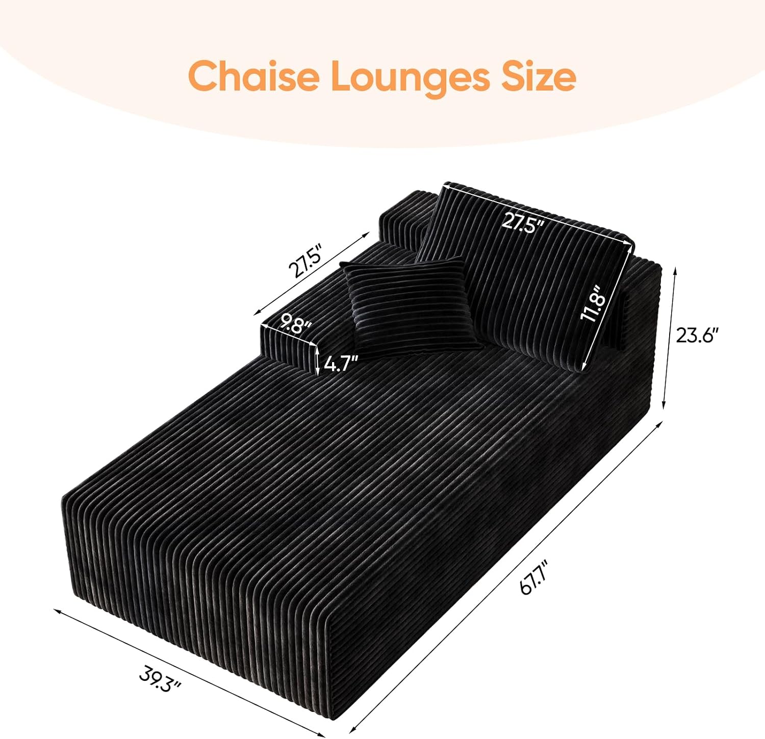 67" Sofa Bed, Boneless Chaise Lounge Chair, Plush Corduroy Upholstered Sofa Couch Bed with Pillows, Lazy Chair for Living Room Bedroom Guest Room (Black, Left Facing Chaise)