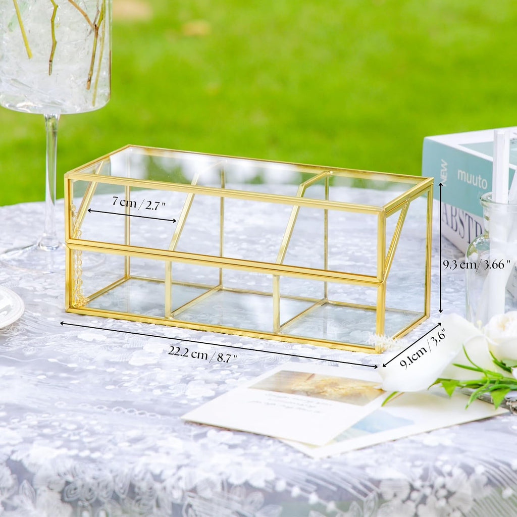 NCYP Glass Tea Bags Organizer with Lid, Small 3 Slots Teabag Storage Box, Indoor Counter Teabag Display Case, Kitchen Cabinet Gold Decor, 8.7 x 3.6 x 3.66 Inches (Glass Box Only)