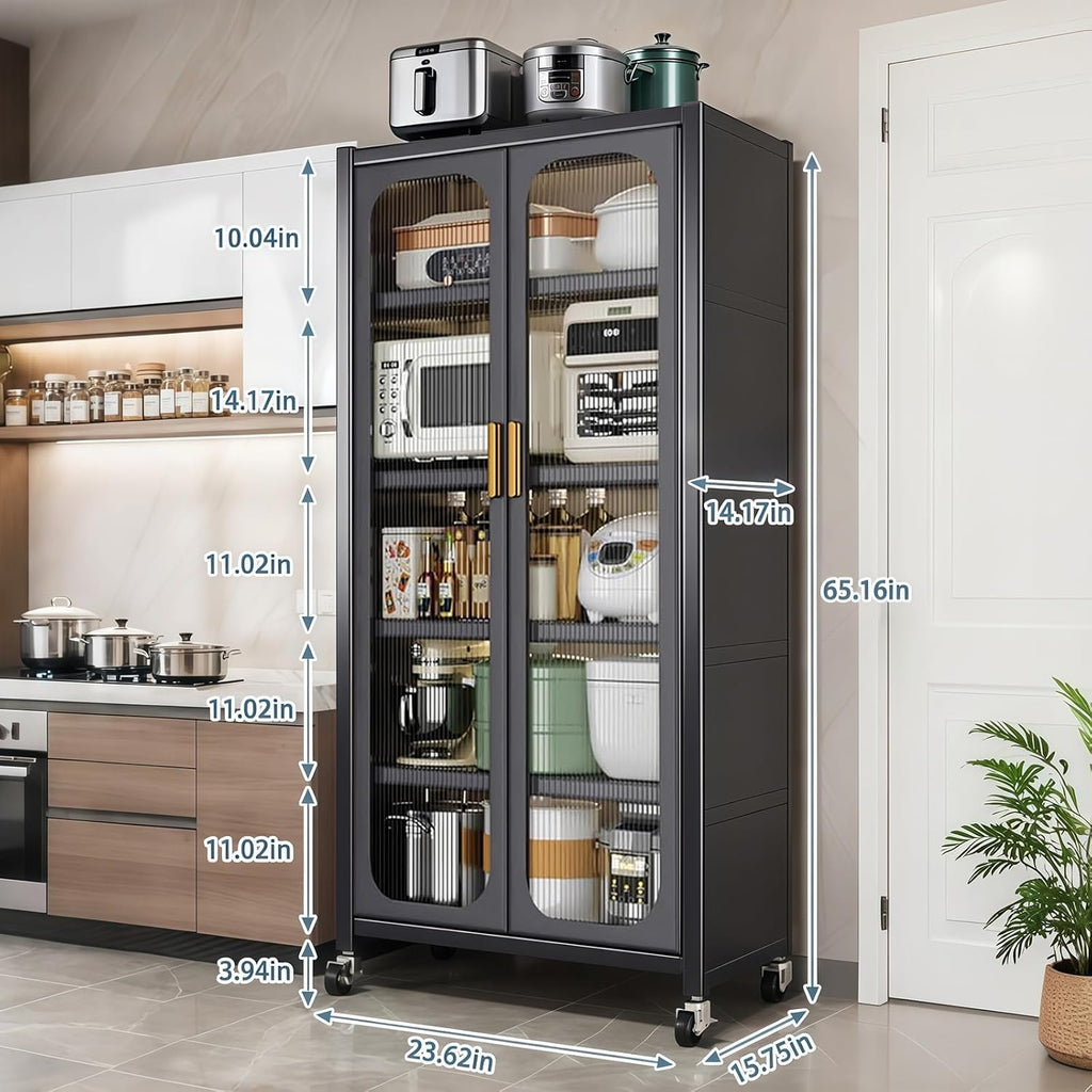 65" Tall Kitchen Pantry Storage Cabinet, 6 Tier Metal Display Storage Cabinet with Magnetic Doors & Adjustable Shelves, Rolling Food Pantries for Kitchen, Living Room and Dining Room, Gray