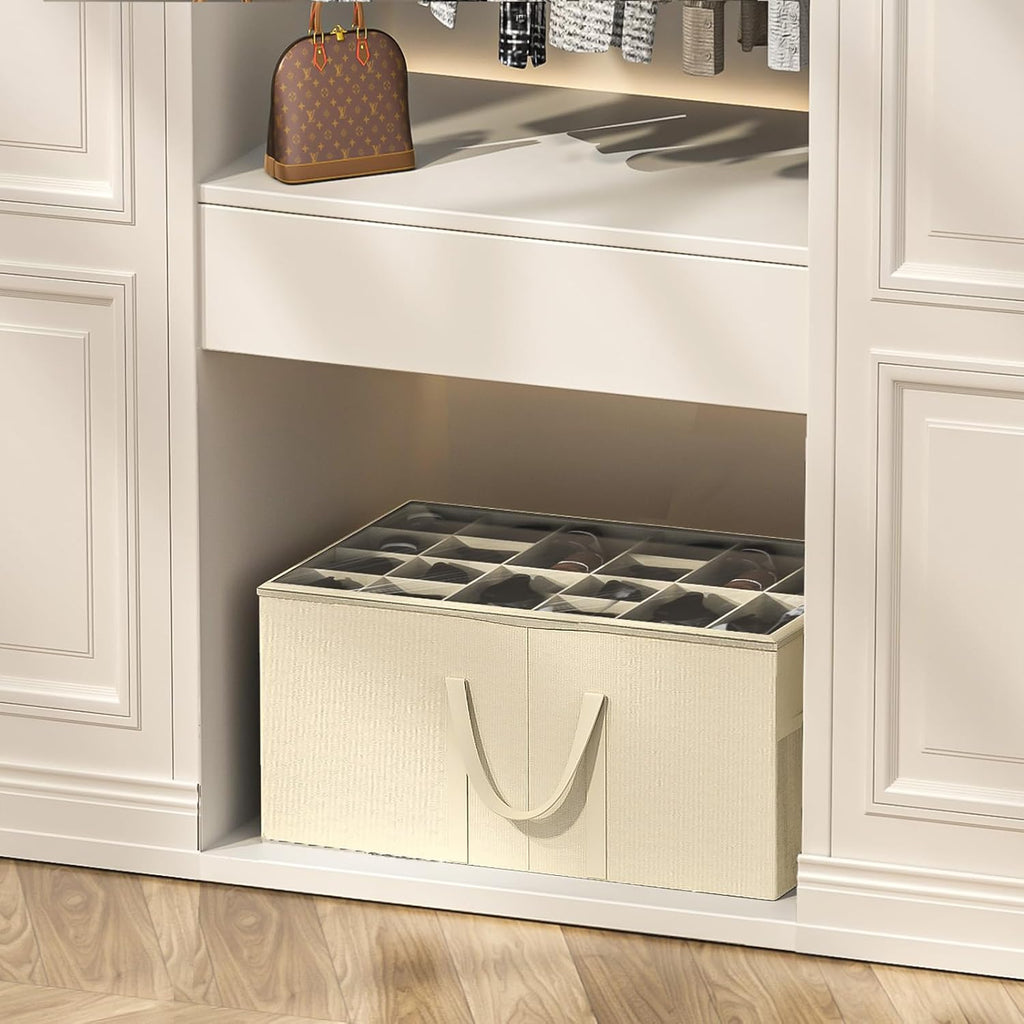 Aokeyee 2 Pack Shoe Organizer for Closet, Large Shoe Storage Box Fits up to 48 Pairs, Space Saving Foldable Shoes Organizer Bin w/Clear Cover and 4 Reinforced Handles, Beige