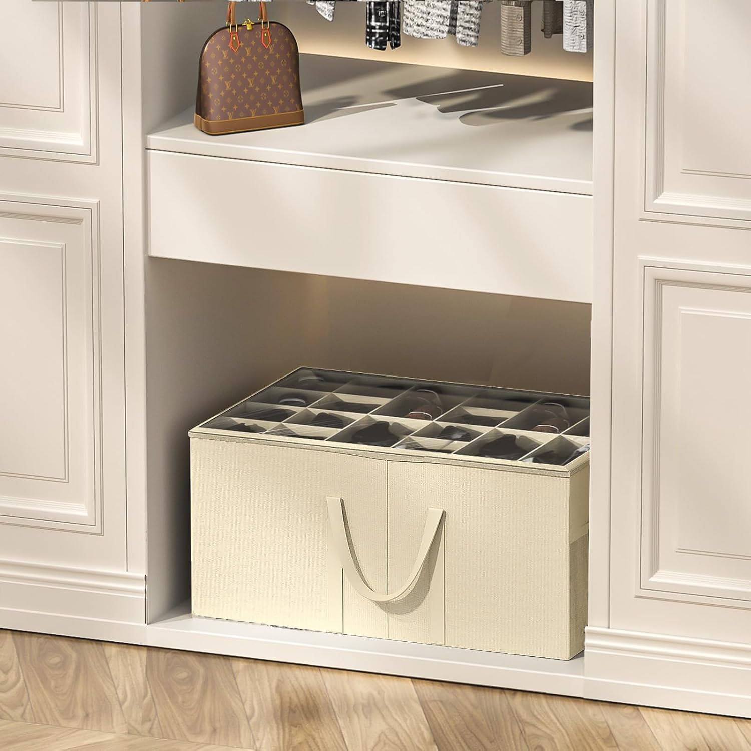 Aokeyee 2 Pack Shoe Organizer for Closet, Large Shoe Storage Box Fits up to 48 Pairs, Space Saving Foldable Shoes Organizer Bin w/Clear Cover and 4 Reinforced Handles, Beige