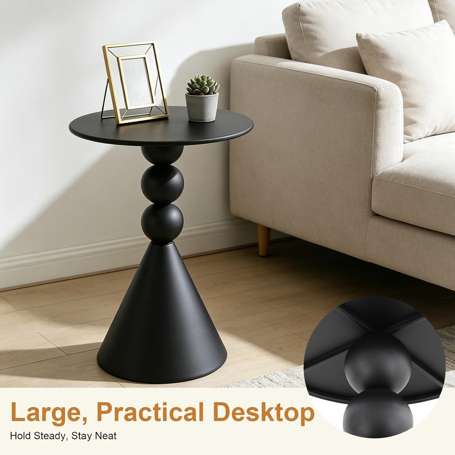 Modern Metal Side Table, Small Black/White End Table 15.7" Round Coffee Table TV Tray for Living Room Bedroom Office (Black)