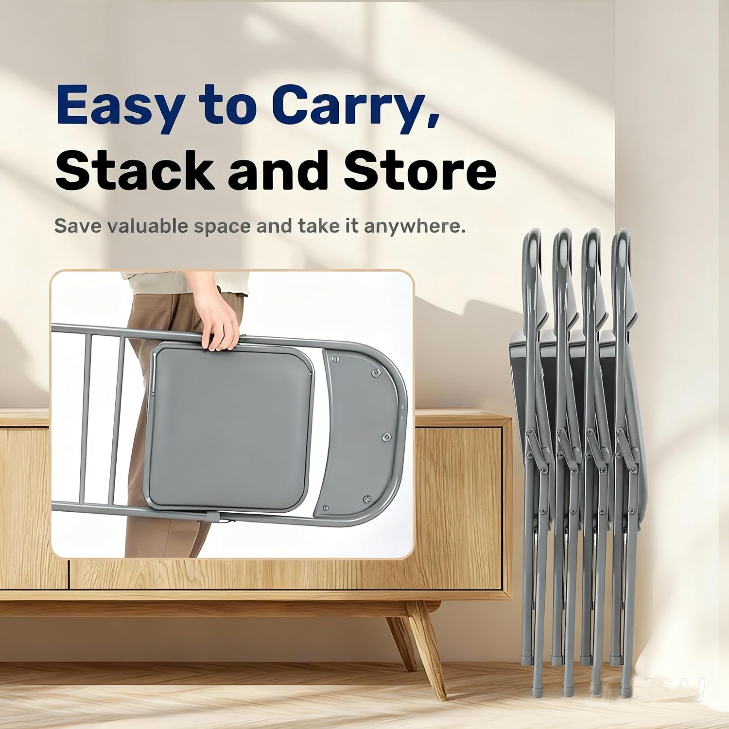 Simple Deluxe Dining Chairs Set of 4, Leather Cushion Foldable Modern Kitchen Side Chair with Padded Back& Metal Legs, Upholstered Dinner Seat Gift for Home/Living Room/Bedroom/Restaurant, Grey