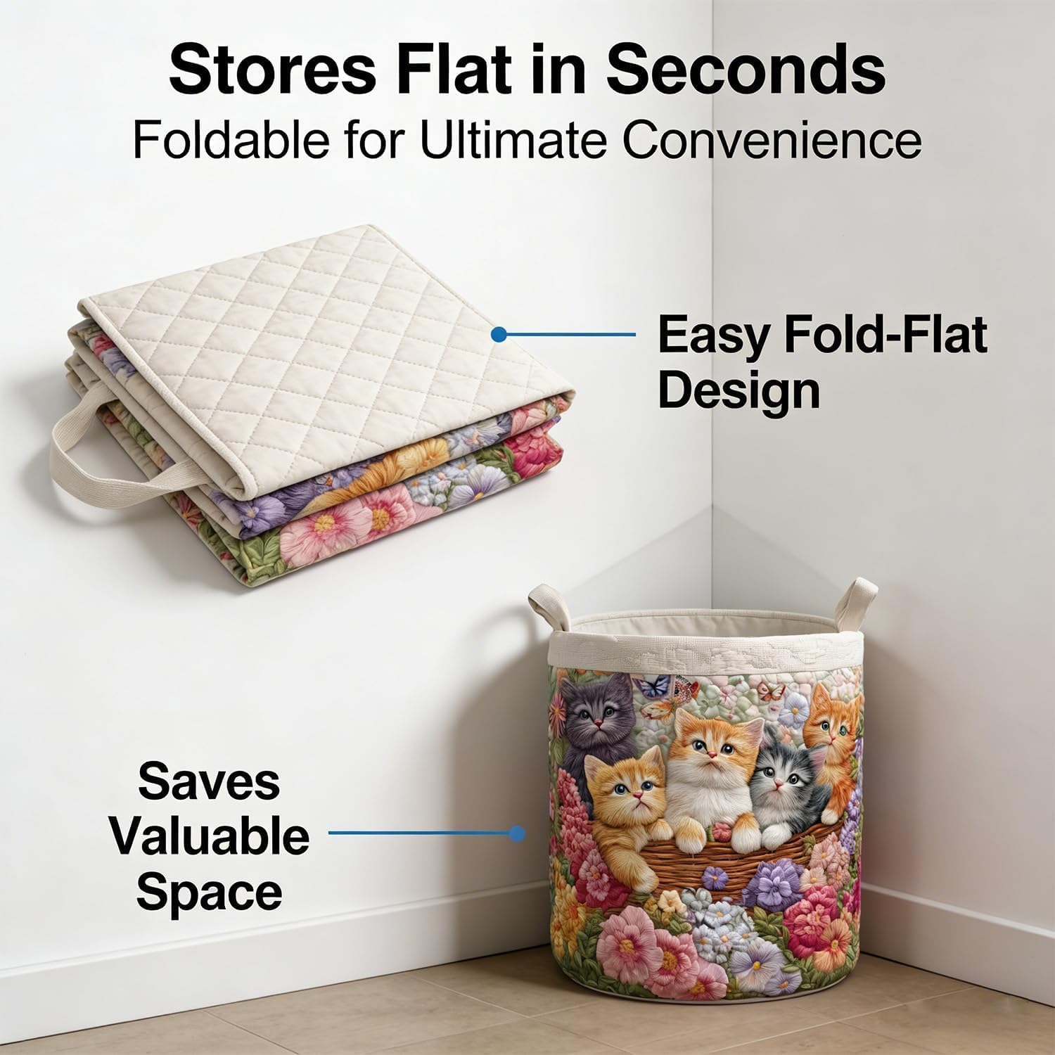 Quilted Laundry Basket with Handles, Collapsible Boho Floral Storage Bin, Large Soft Quilted Basket, Portable Organizer for Clothes, Toys, Blankets, Nursery, Bedroom, Laundry Room (Butterfly Bloom, L)