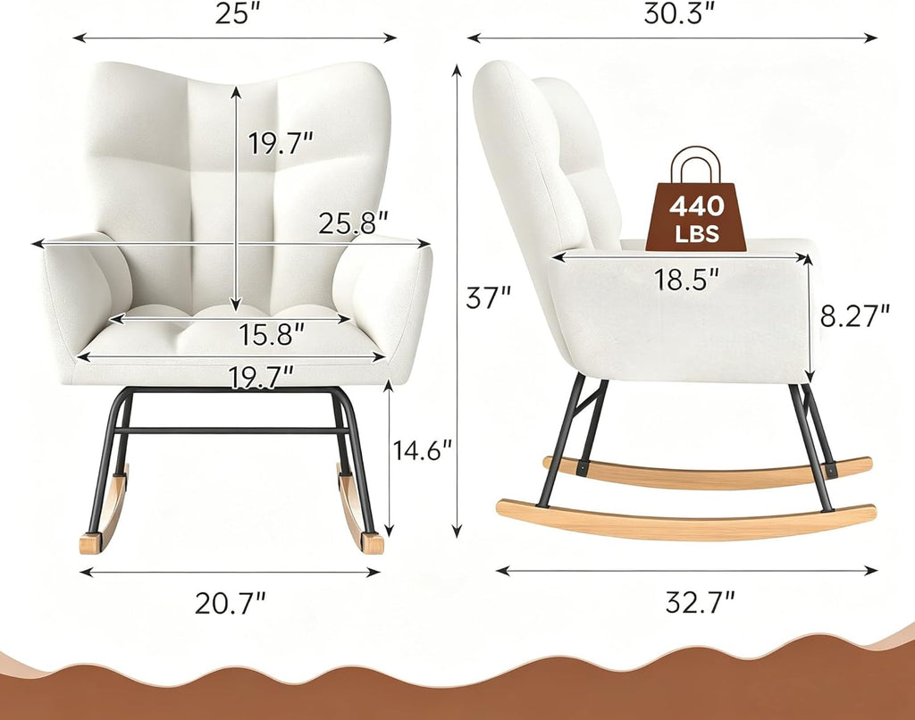 Nursery Rocking Chair with High Backrest, Indoor Upholstered Glider Rocker, Modern Comfy Accent Armchair for Bedroom, Living Room, Bedroom, Reading, Office, White