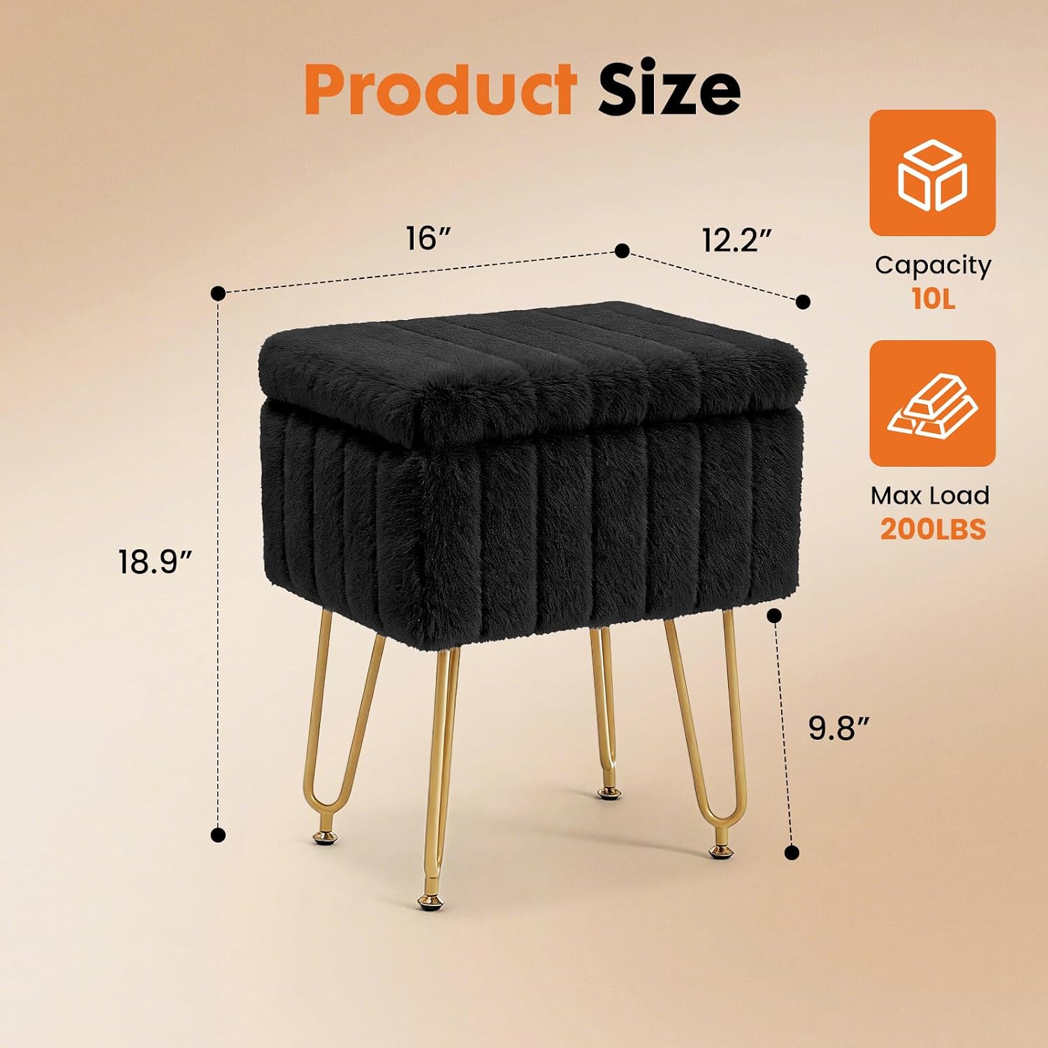 DUMOS Vanity Stool Chair with Storage, Small Ottoman Faux Fur Soft Padded Footstools Seat with 4 Metal Legs Anti-Slip Adjustable Feet Modern Footrest for Home Entryway Bedroom Makeup Black