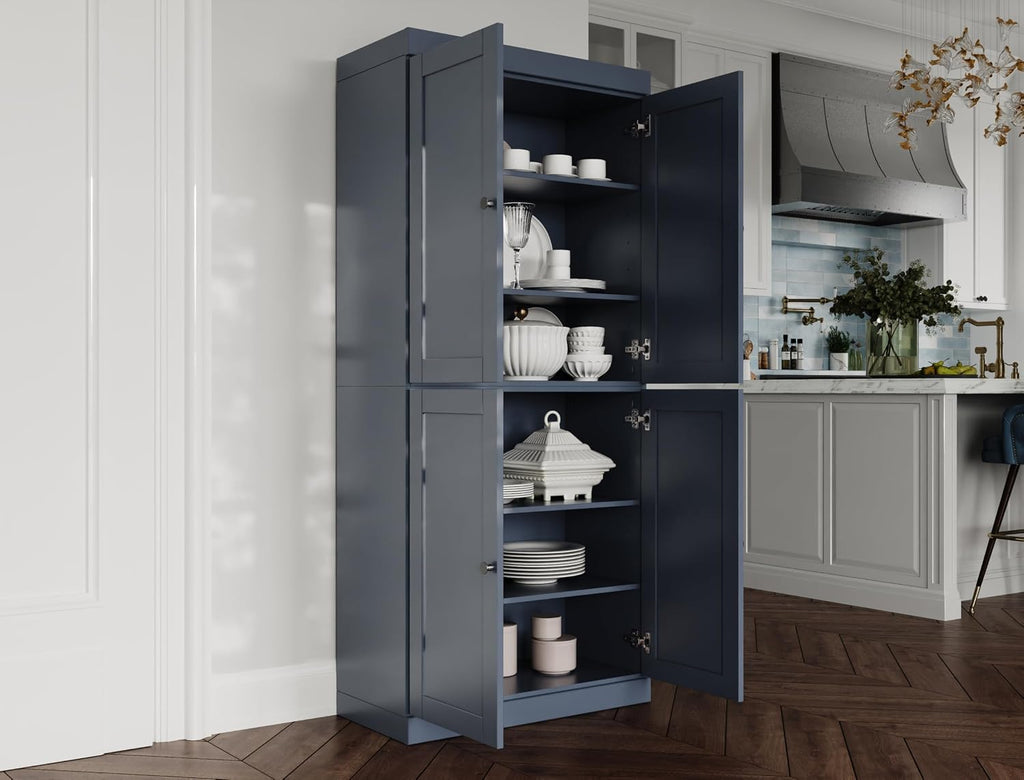 Palace Imports Solid Wood Kitchen Pantry Cabinet - 71.5" Tall x 32" W - Wooden Storage Cabinet w/ 4 Shaker Doors & 4 Adjustable Shelves, Antique Blue, 100% Renewable Eco-Friendly Wood, Made in Brazil
