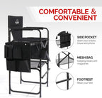 OmySalon Tall Folding Directors Chair with Side Table Storage Bag, Aluminum Frame 300 lbs Capacity, Portable Makeup Artist Bar Height, 19.7" D x 24.6" W x 45.7" H(Black)