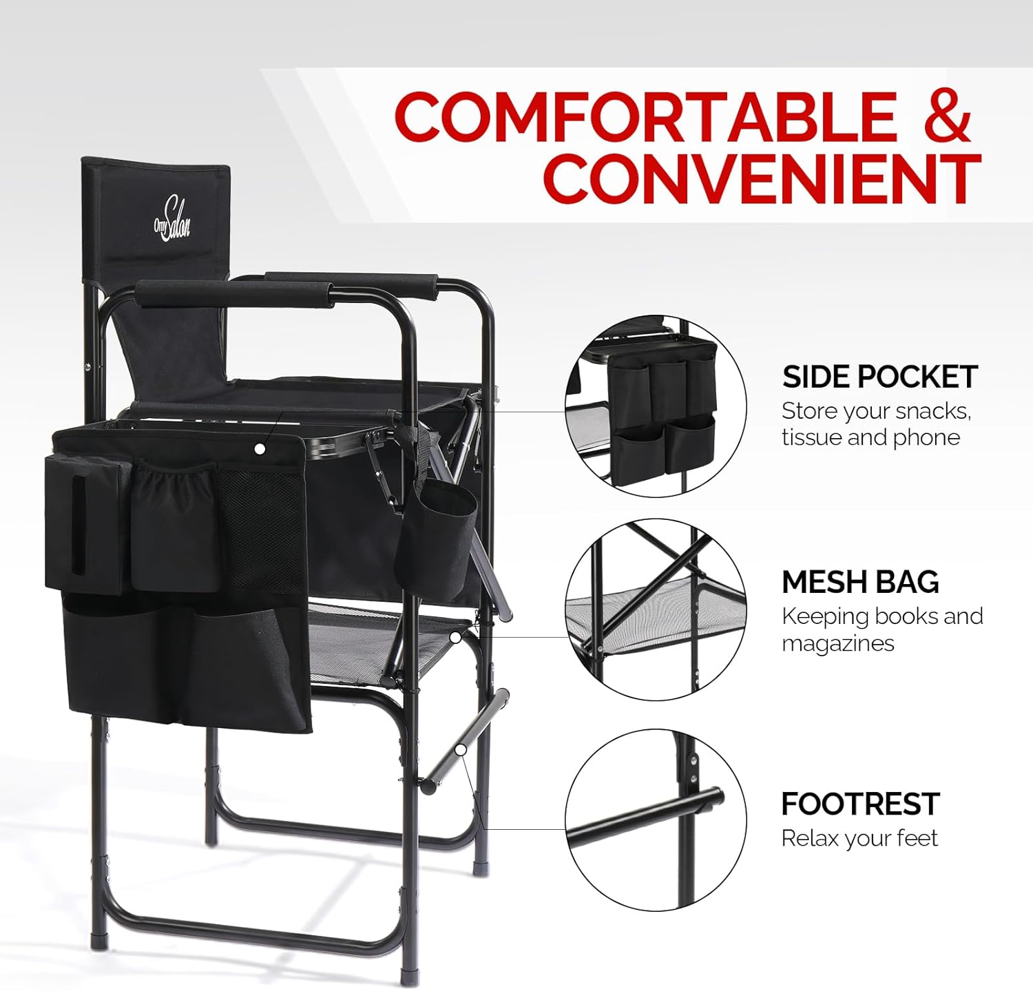 OmySalon Tall Folding Directors Chair with Side Table Storage Bag, Aluminum Frame 300 lbs Capacity, Portable Makeup Artist Bar Height, 19.7" D x 24.6" W x 45.7" H(Black)