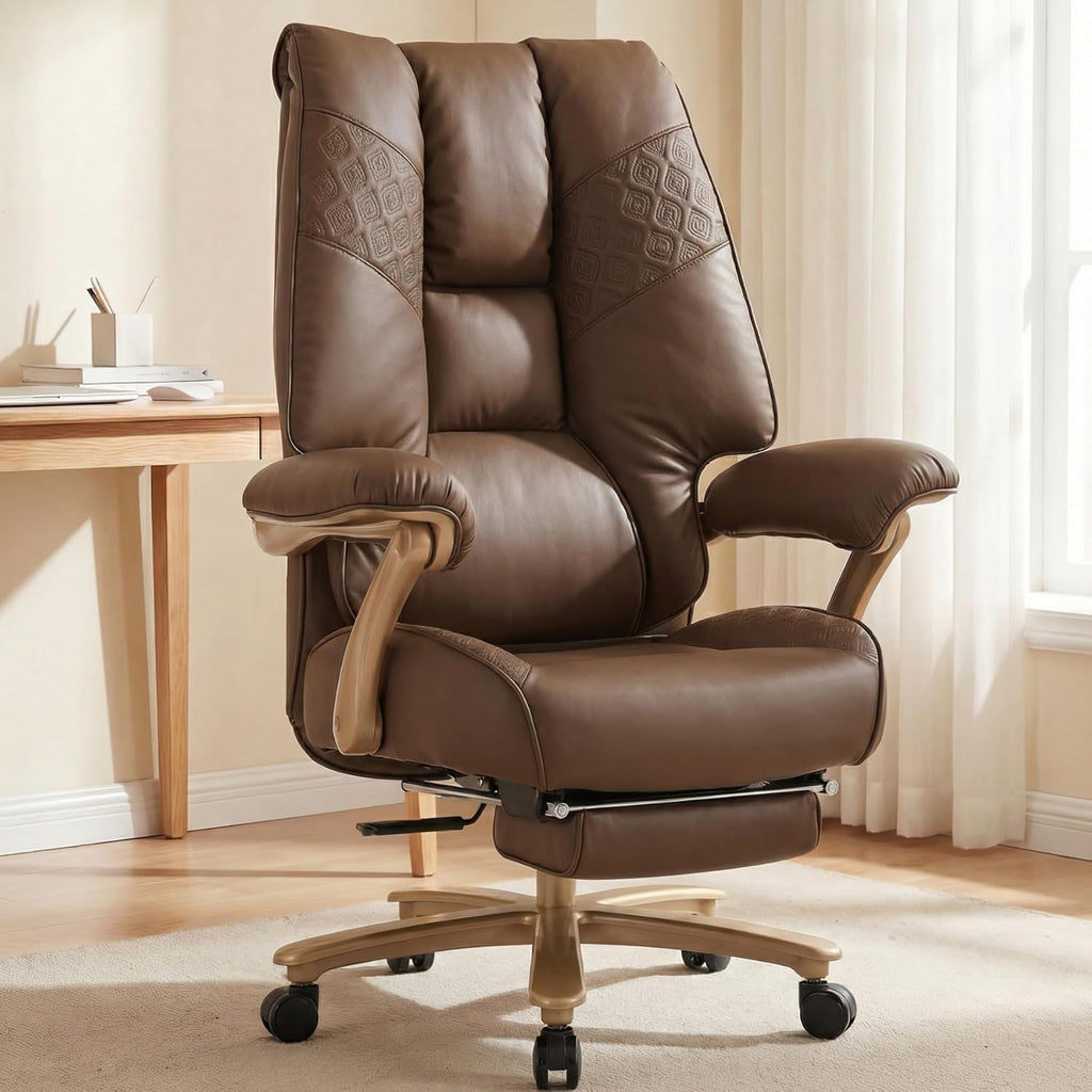 EXCEBET Big and Tall Office Chair 400lbs Wide Seat, Ergonomic Executive Desk Office Chair with Footrest, High Back PU Leather Chair with Lumbar Support, Padded Armrests, Heavy Duty Base, Brown