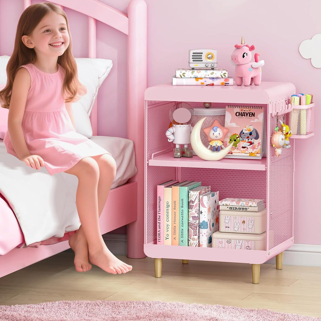 SYKIARIOL Kids Nightstand for Girls, 3-Tier Storage Shelf, Pink | Metal Bedside Table with 4 Hooks & Hanging Basket, Toddler Night Stand for Bedroom