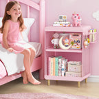 SYKIARIOL Kids Nightstand for Girls, 3-Tier Storage Shelf, Pink | Metal Bedside Table with 4 Hooks & Hanging Basket, Toddler Night Stand for Bedroom