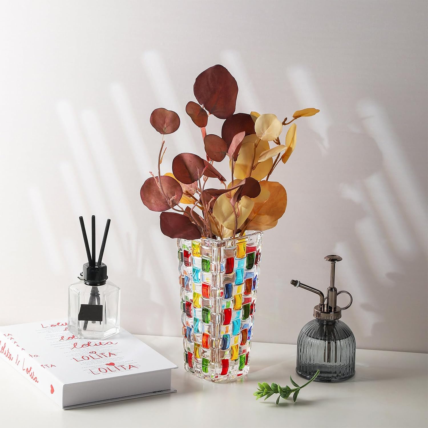 VanEnjoy 7.7 inch Colored Glass Vase Hand Blown Glass Vase for Flower Unique Mosaic Vase Flower Vase for Home Office Decor Glass Mexican Vase for Floral Arrangement Centerpieces