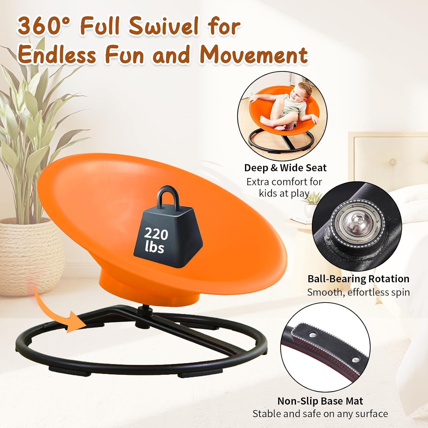Spinning Chair for Autistic Kids, Sit and Spin Autism Toys for Age 3+, Sensory Swivel Chair Enhancing Motor Skills, Educational Indoor & Outdoor Toys (Orange)