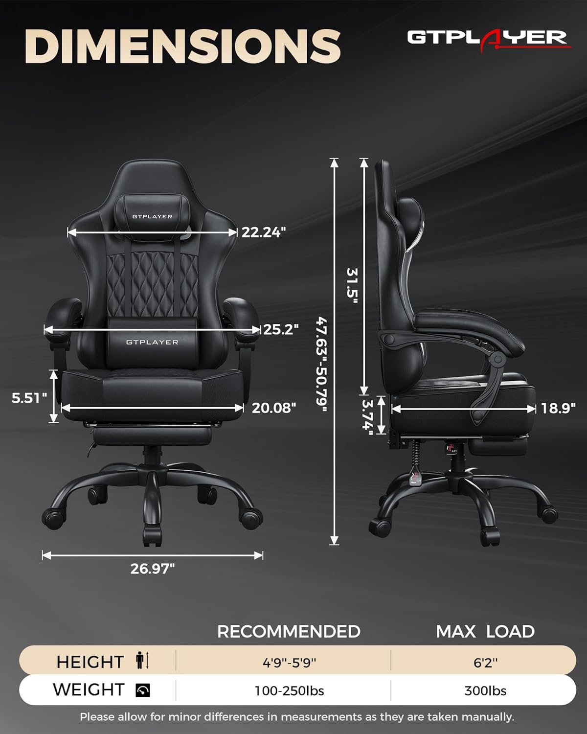 GTPLAYER Gaming Chair, 𝐁𝐢𝐠 𝐚𝐧𝐝 𝐓𝐚𝐥𝐥 Gaming Chair for Adults, 𝐖𝐢𝐝𝐞 𝐒𝐞𝐚𝐭 Computer Game Chairs with 𝐓𝐡𝐢𝐜𝐤 𝐏𝐨𝐜𝐤𝐞𝐭 𝐒𝐩𝐫𝐢𝐧𝐠 𝐂𝐮𝐬𝐡𝐢𝐨𝐧 & Footrest, Carbon Black