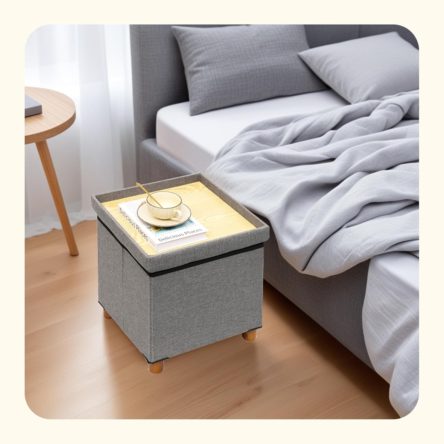 PINPLUS Storage Ottoman Cube, White Linen Footrest with Wooden Legs, Foldable Fabric Footrest, Comfortable Seat with Lid, Ottoman with Storage for Living Room, 15" x 15" x 15"，Grey
