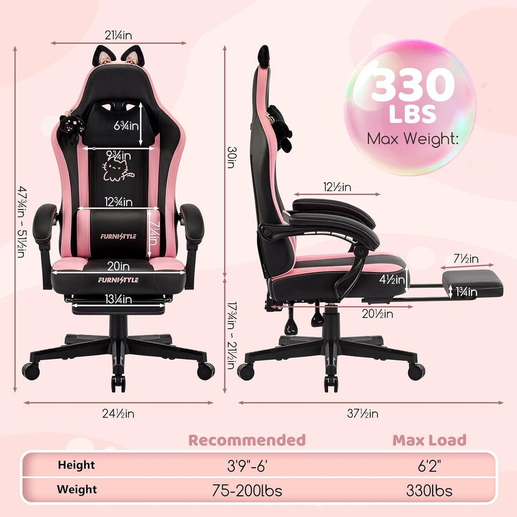 Gaming Chair with Footrest, Comfy Girly Video Game Chairs with Cat Ears Pocket Spring Cushion Massage Lumbar Support & Headrest, Ringing Accessories Cute Leather Ergonomic Computer Chair, Black/Pink