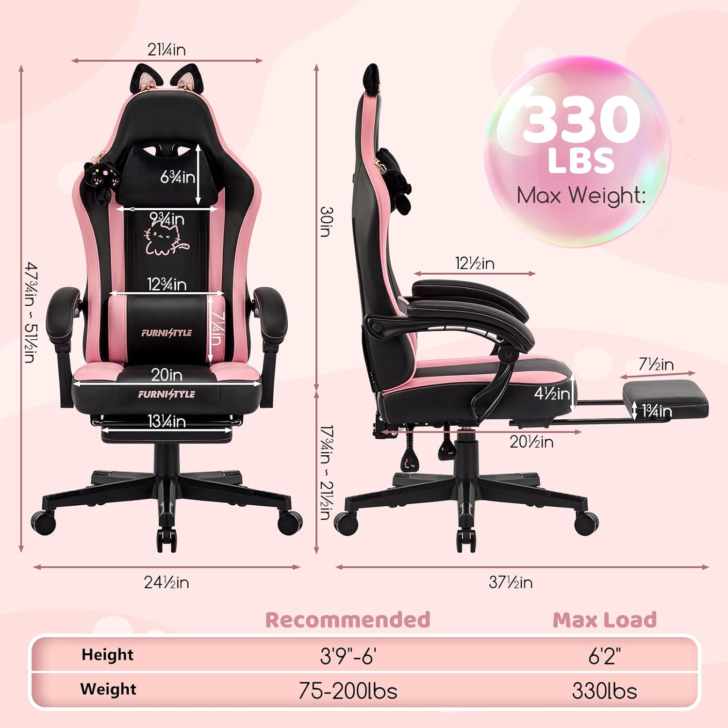 Gaming Chair with Footrest, Comfy Girly Video Game Chairs with Cat Ears Pocket Spring Cushion Massage Lumbar Support & Headrest, Ringing Accessories Cute Leather Ergonomic Computer Chair, Black/Pink