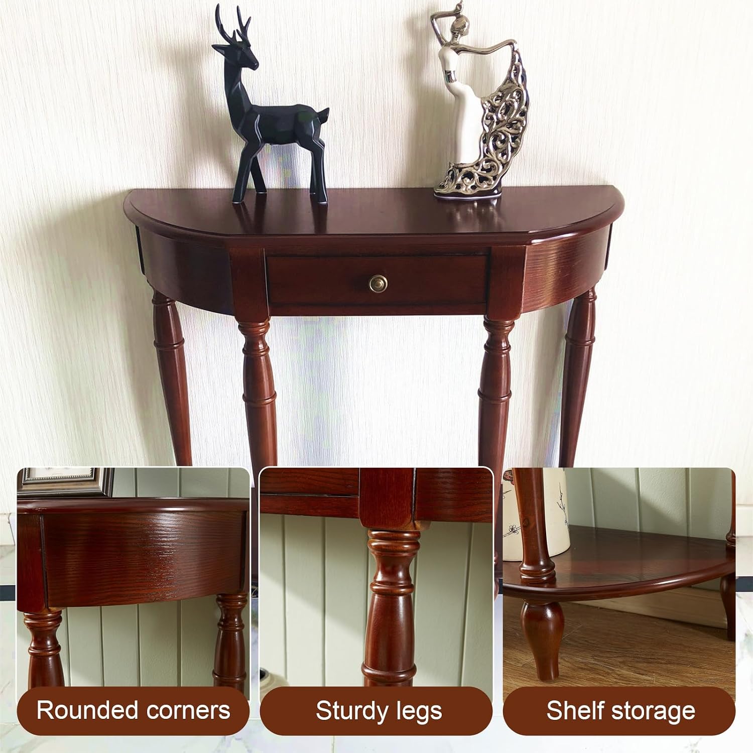 Half Moon Console Table, Solid Wood Console Tables with Drawer and Shelf, for Living Room, Hallway, Foyer, Entrance(35.4 * 11.8 * 31.5in)