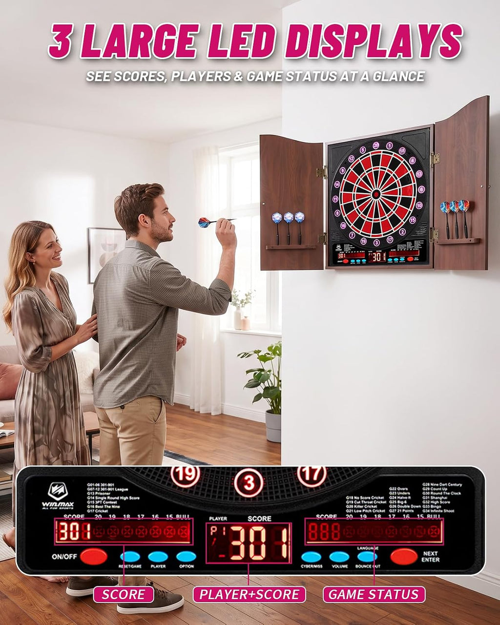 Electronic Dart Board with Cabinet Set, Dartboard with 8-Player Color Light | 3 Large LCD Displays with 34 Games, Automatic Scoring, 12 Darts+100 Tips, Great Gift for Man Cave Game Room Home Bar
