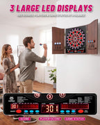 Electronic Dart Board with Cabinet Set, Dartboard with 8-Player Color Light | 3 Large LCD Displays with 34 Games, Automatic Scoring, 12 Darts+100 Tips, Great Gift for Man Cave Game Room Home Bar