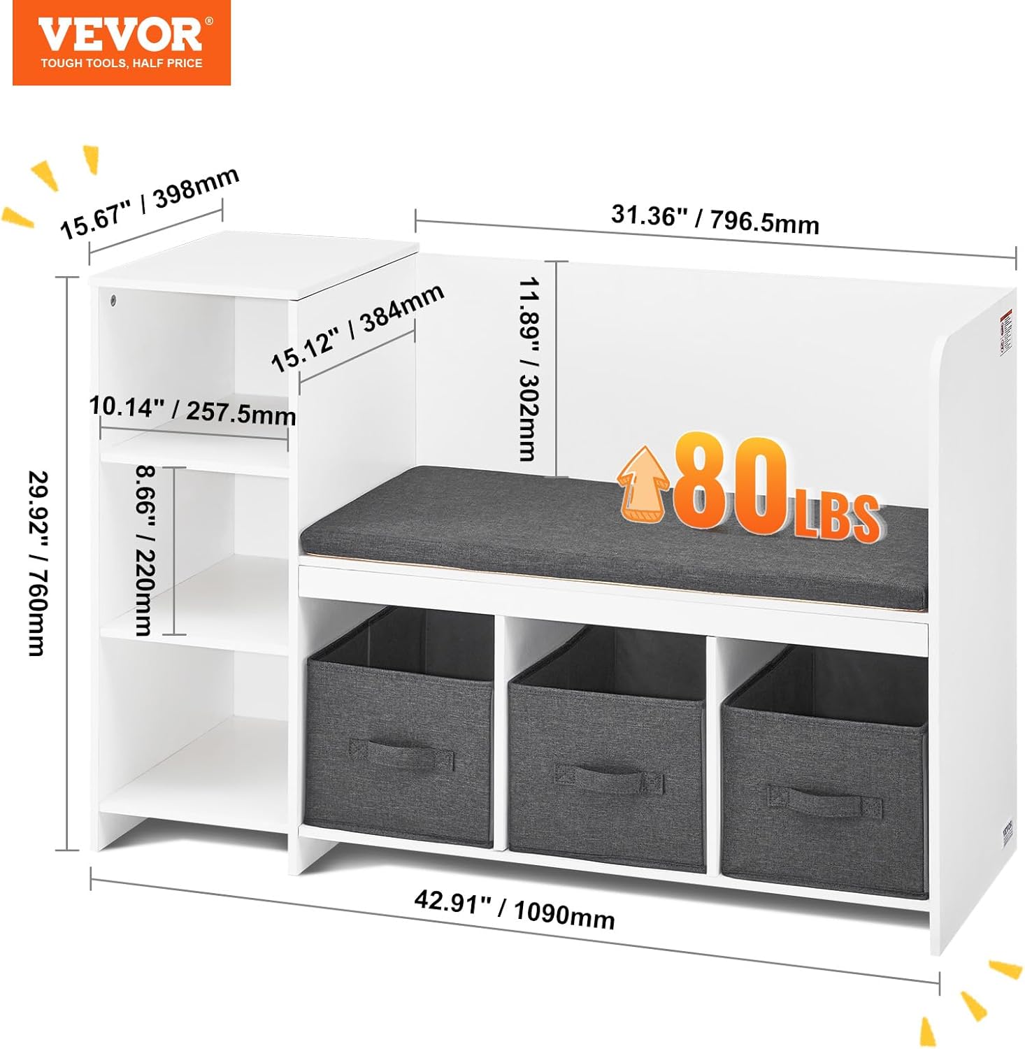 VEVOR Kids Reading Nook Bench, Toddler Bookshelf and Bookcase with Detachable Seat Cushion, 6-Cubby Storage Organizer Bench with 3 Drawers, Ideal for Playroom, Bedroom, Living Room or Entryway, White