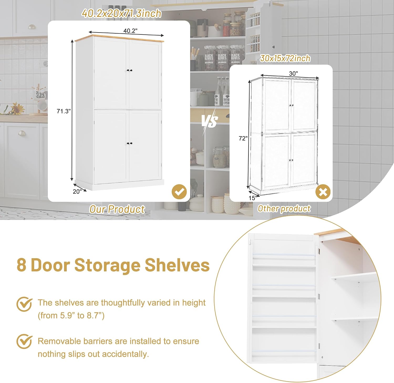 71.3" Freestanding Kitchen Pantry Cabinet with 2 Drawers, 8 Door Shelves & Adjustable Shelves, Large Farmhouse Storage for Kitchen Dining Room, White