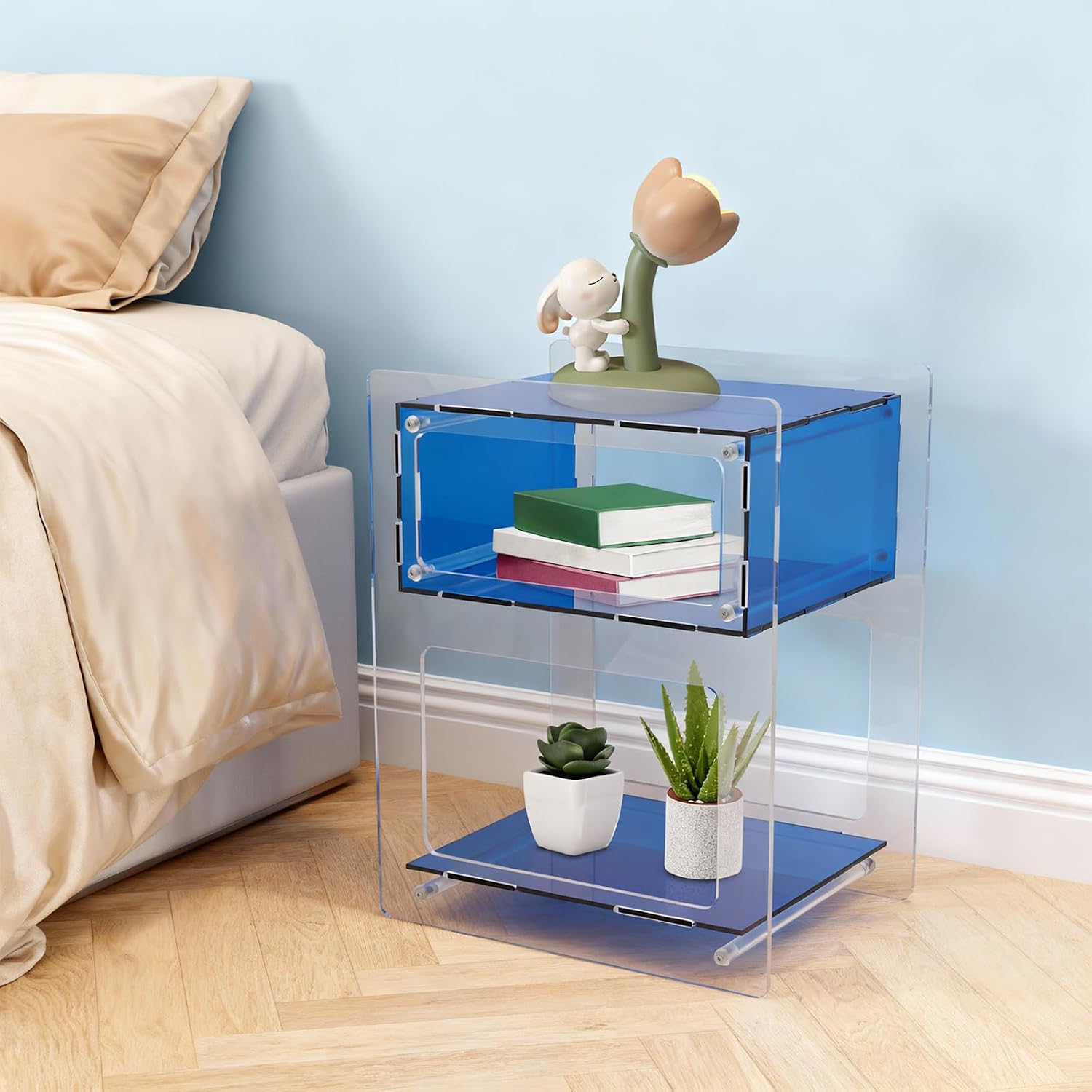 Acrylic Side Table, Acrylic End Table Record Player Table, Bedside Table with Open Storage Shelf, Small Nightstand for Living Room Bedroom Home Decor, 15.7" L x 11.8" W x 19.7" H (Blue)
