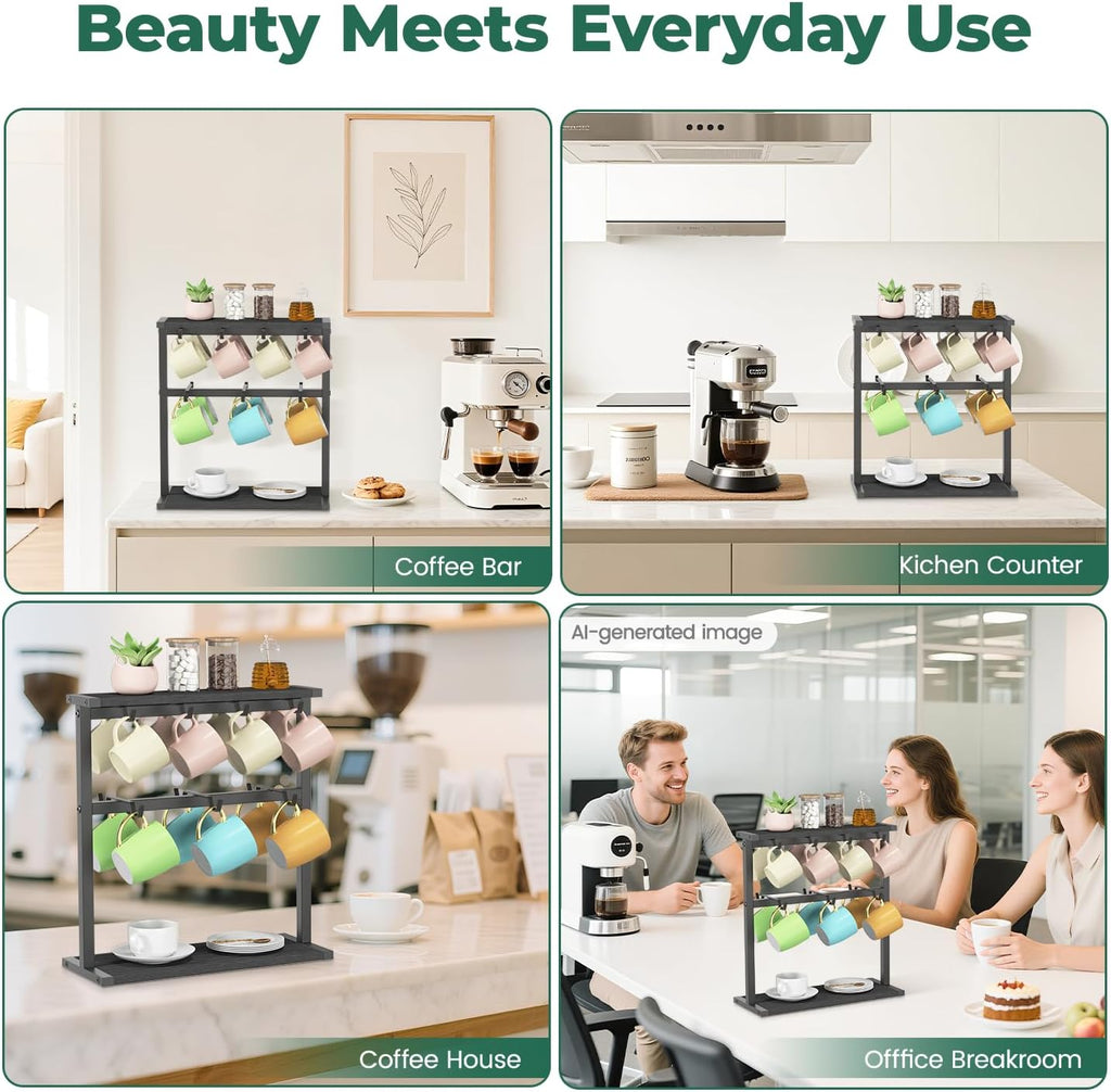 EsLuker.ly Coffee Mug Holder Cup Tree Rack for Countertop, 2 Tier Rustic Wood Coffee Bar Station Organizer Narrow Display Stand for Kitchen Office, Hold 14 Mugs with Sturdy Base, Free Up Counter Space