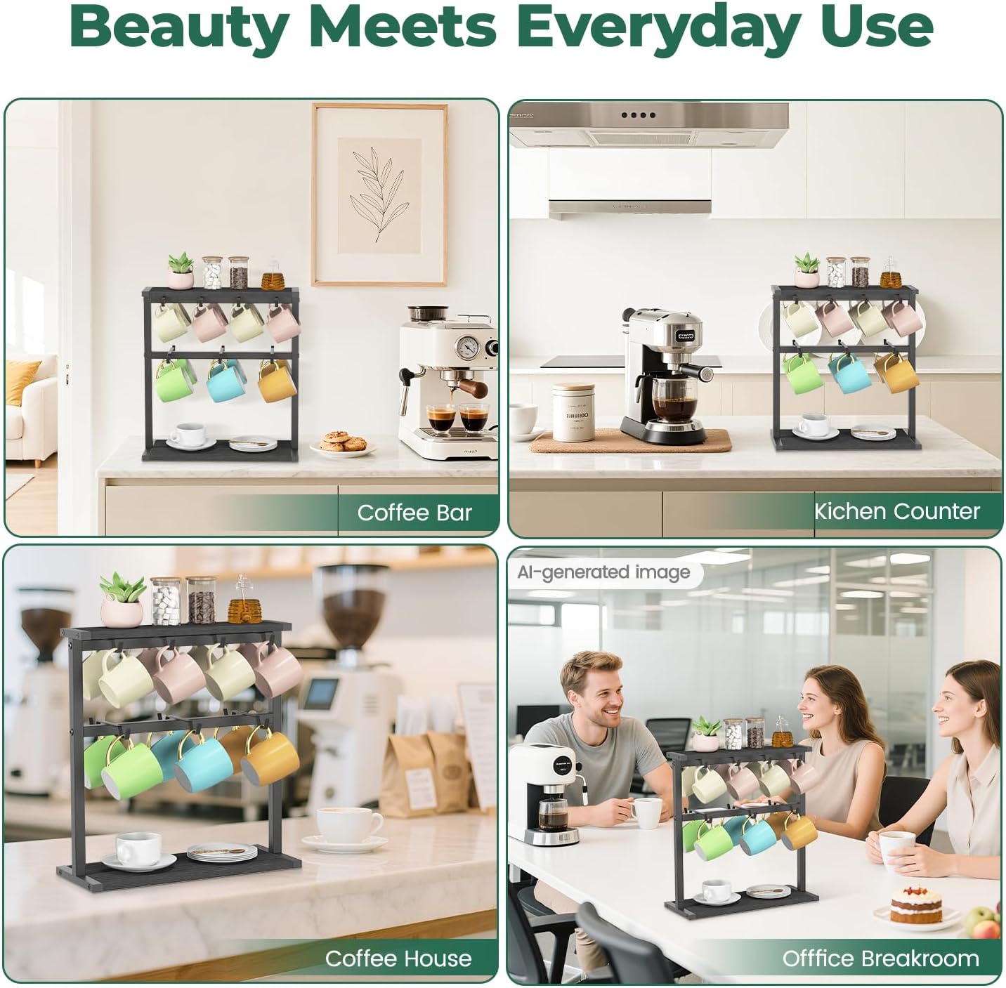 EsLuker.ly Coffee Mug Holder Cup Tree Rack for Countertop, 2 Tier Rustic Wood Coffee Bar Station Organizer Narrow Display Stand for Kitchen Office, Hold 14 Mugs with Sturdy Base, Free Up Counter Space