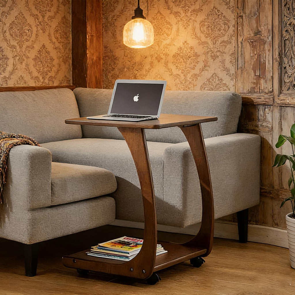 Solid Wood C-Shaped End Table with Wheels, Walnut Slide Under Sofa Side Table with Storage Shelf, Mobile Accent Table for Living Room Bedroom