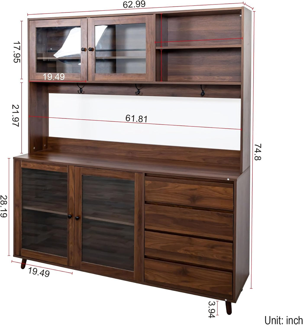 63" W Large Kitchen Hutch Cabinet, Freestanding Pantry Cabinets Storage Kitchen Cupboard with 4 Doors, 4 Drawers & Microwave Shelf, Walnut,15.75 * 62.99 * 74.8
