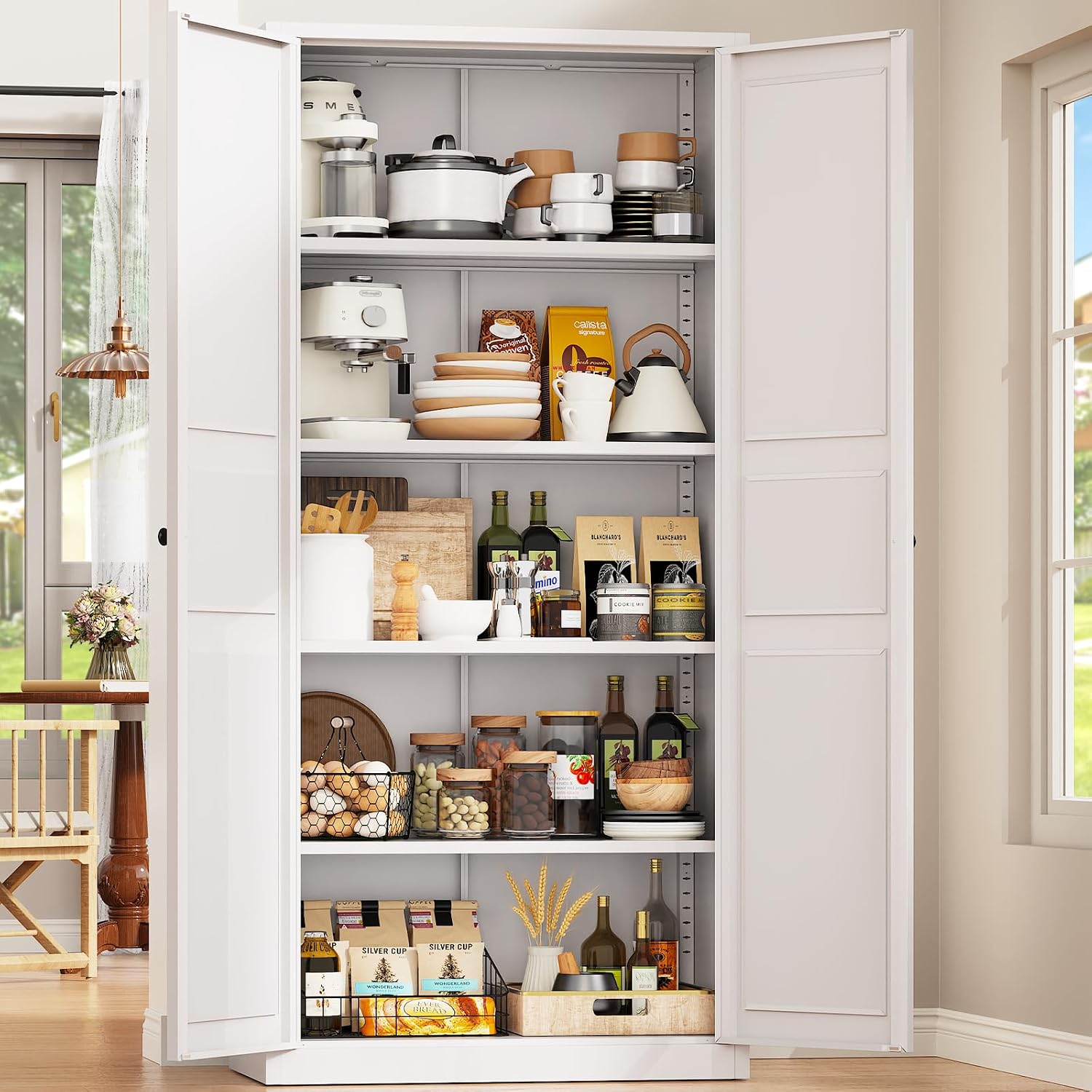 71"Kitchen Pantry Cabinet,White Metal Pantry Cabinet with 2 Doors & 4 Adjustable Shelves,Pantry Cabinets with Gold/Black Handles,Kitchen Cabinet for Dinging Room,Living Room,Assembly Required